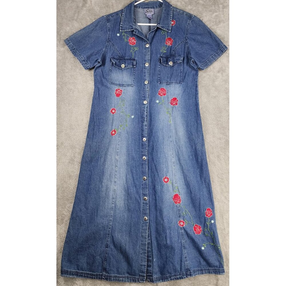 Sarin New York Denim Dress Womens 16 Button Front Embroidered Floral Maxi 90s